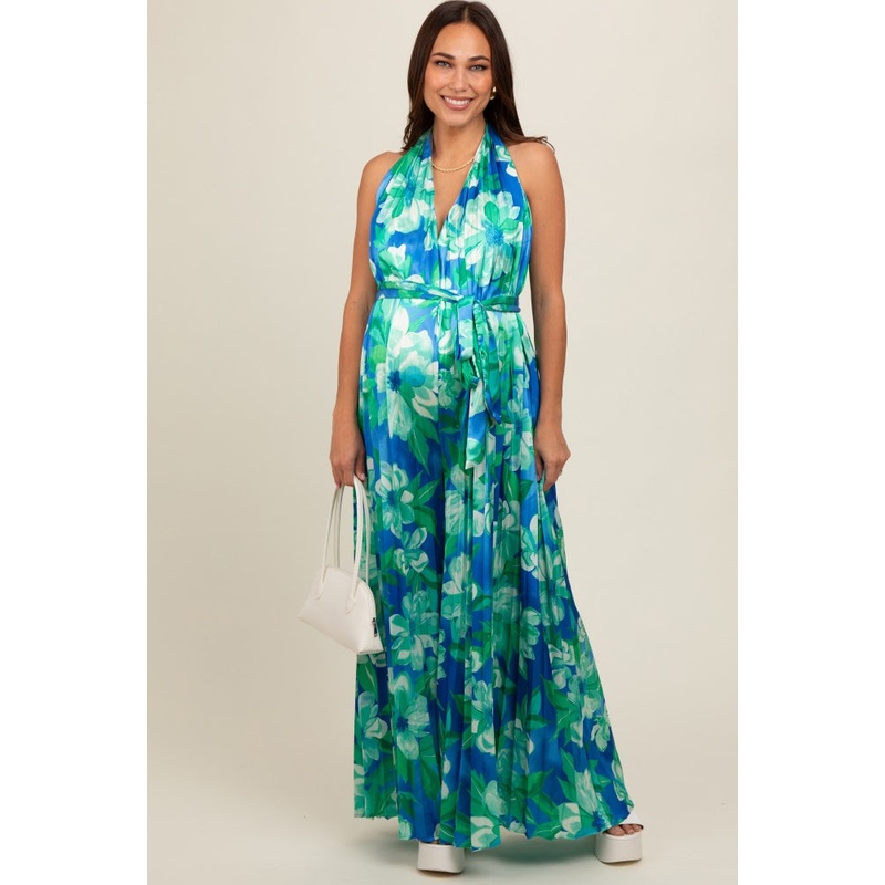 Blue Floral Pleated Halter Maternity Jumpsuit
