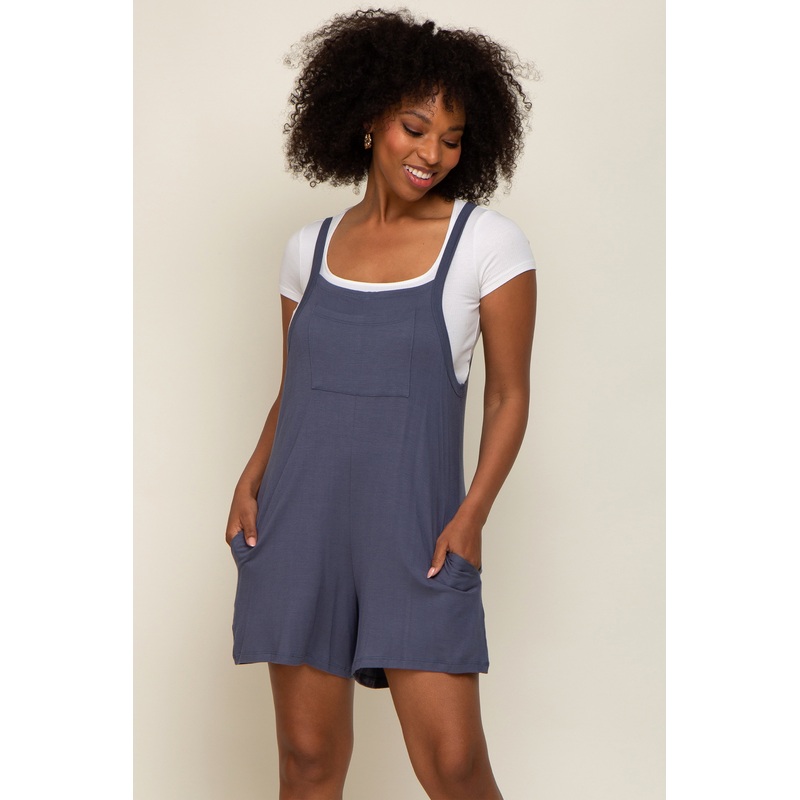 Blue Front Pocket Overall Knit Romper