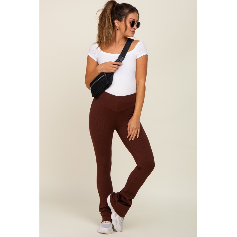Brown Rib Knit Flare Maternity Leggings