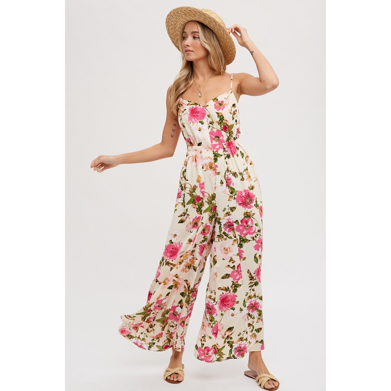 Cream Open Back Floral Print Sleeveless Jumpsuit
