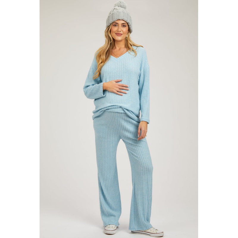 Light Blue Ribbed Soft Knit Long Sleeve Maternity Pajama Set