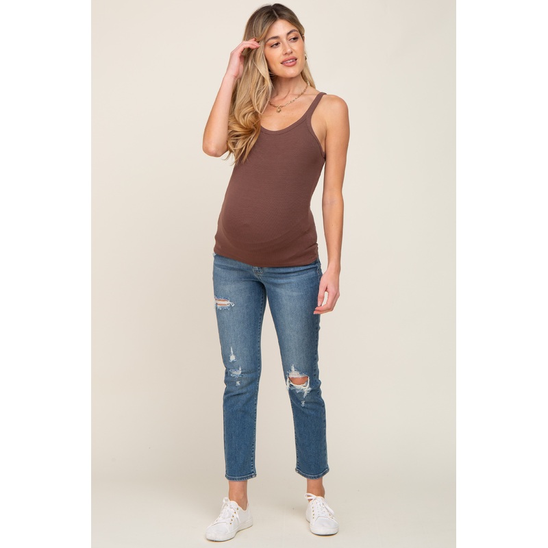 Navy Blue Distressed Raw Hem Maternity Jeans