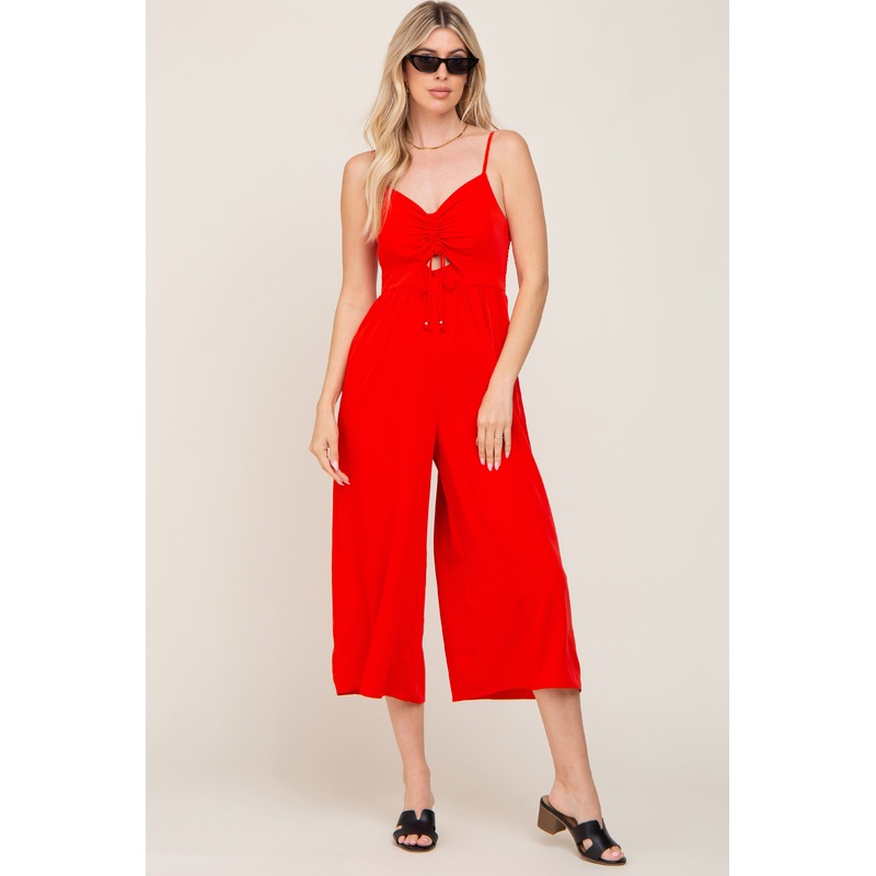 Red Sleeveless Ruched Drawstring Jumpsuit