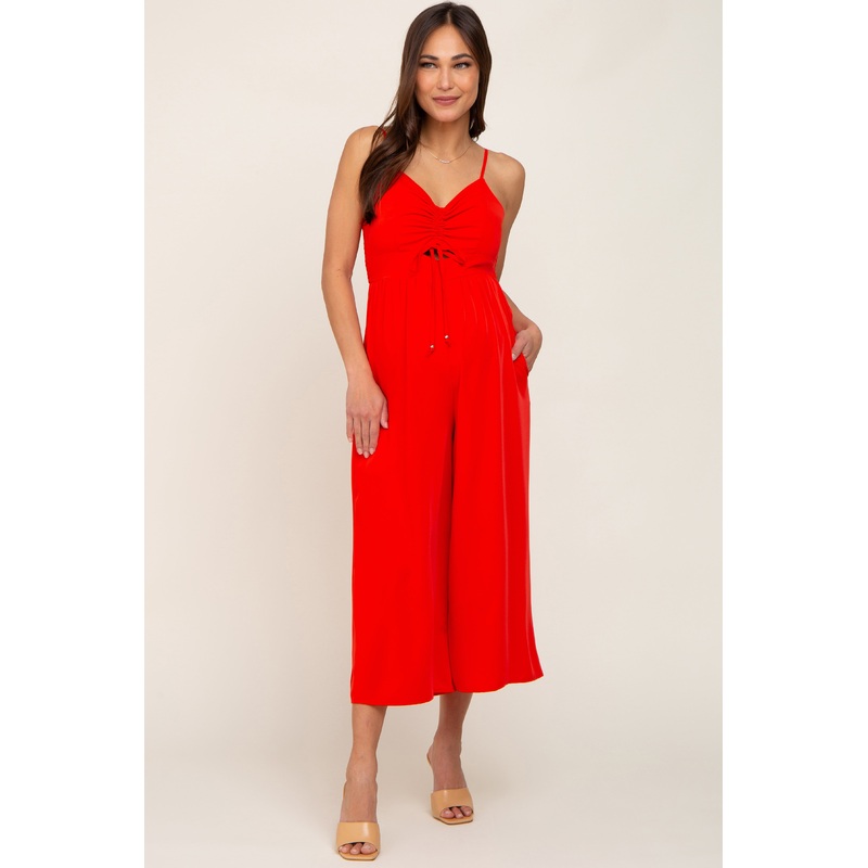 Red Sleeveless Ruched Drawstring Maternity Jumpsuit