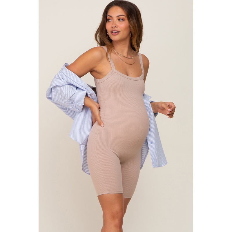 Taupe Ribbed Bodycon Maternity Romper