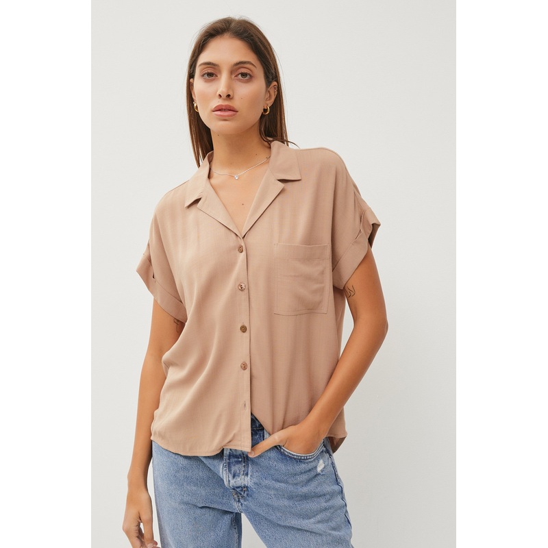 Taupe V-Neck Collared Short Sleeve Button Down Shirt