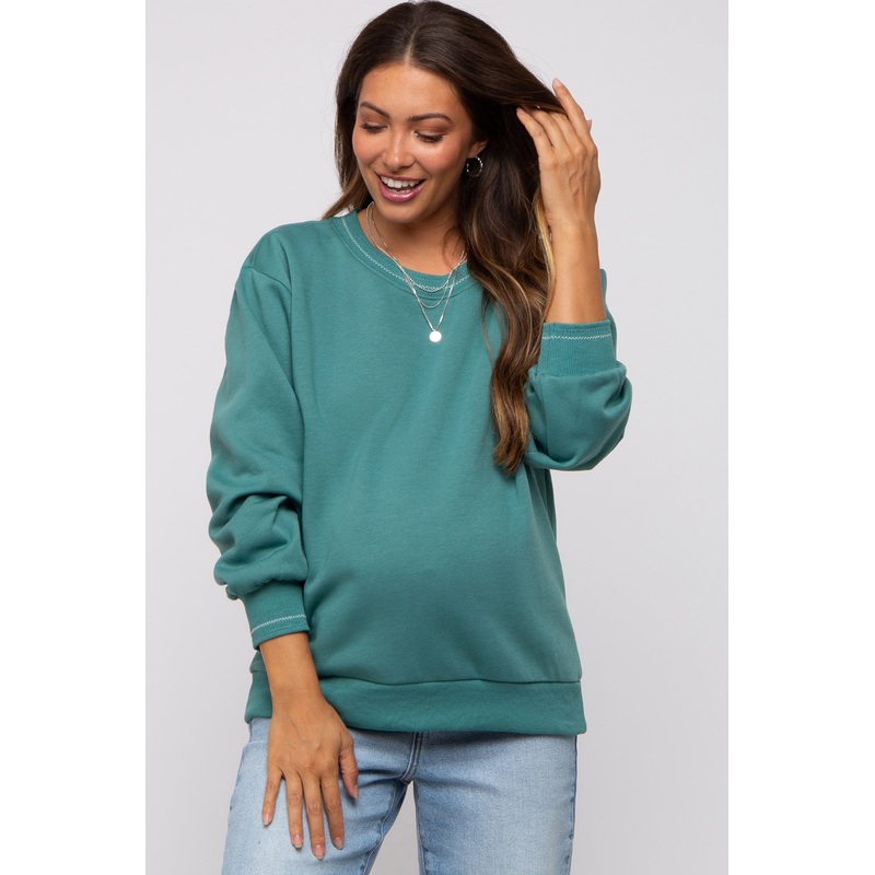 Teal Embroidered Fleece Maternity Sweatshirt
