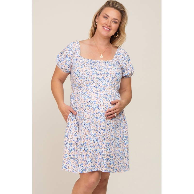 White Floral Short Puff Sleeve Maternity Dress