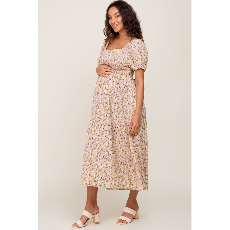 Yellow Abstract Floral Smocked Maternity Midi Dress