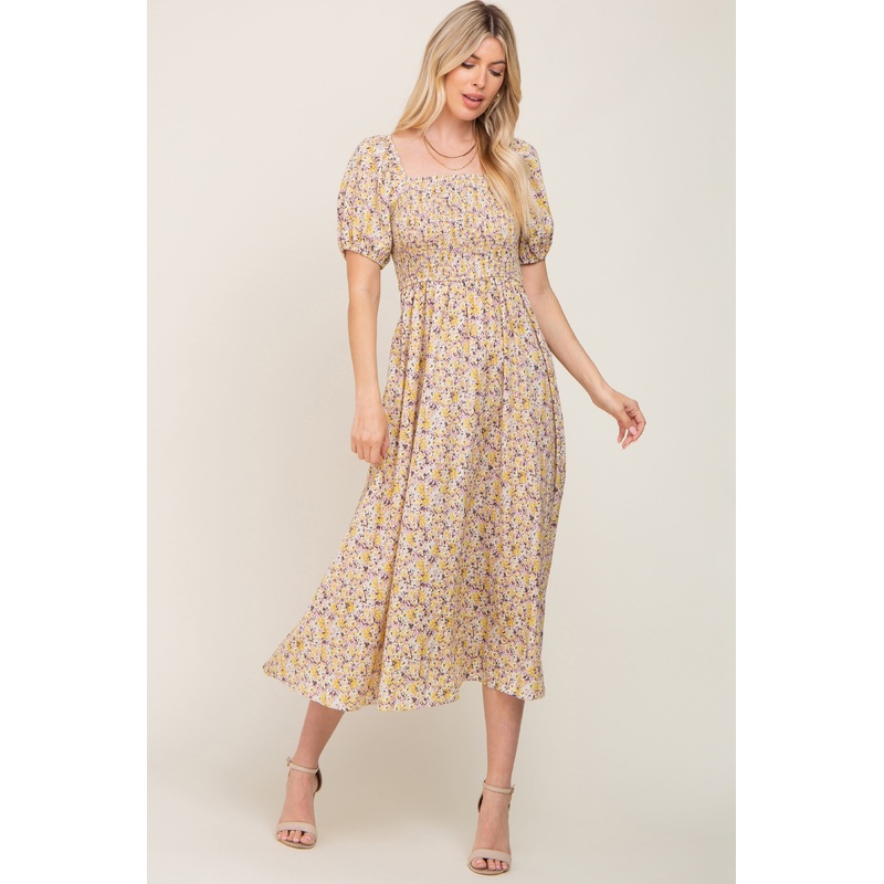 Yellow Abstract Floral Smocked Midi Dress