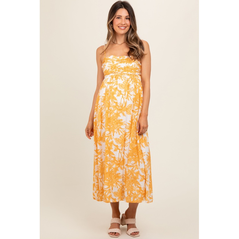 Yellow Floral Pleated Front Back Cut-Out Maternity Midi Dress