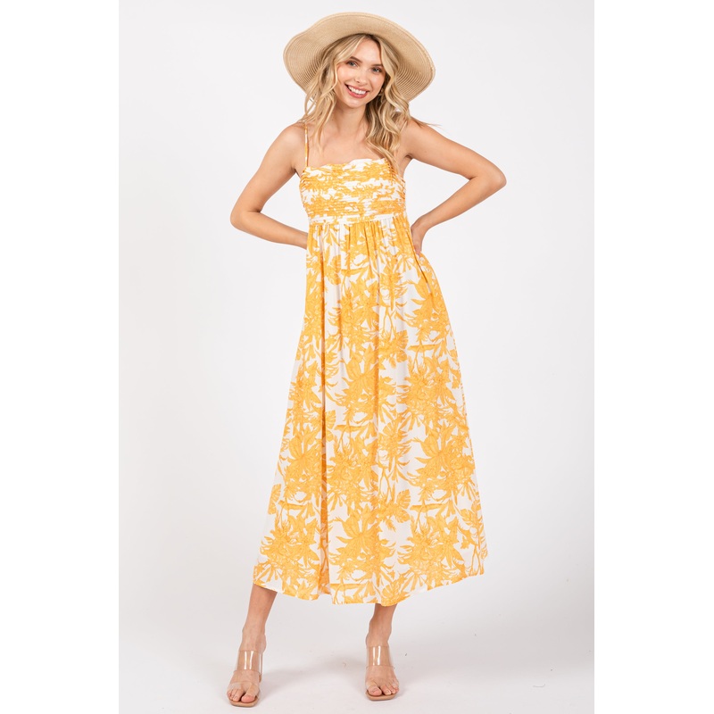 Yellow Floral Pleated Front Back Cut-Out Midi Dress