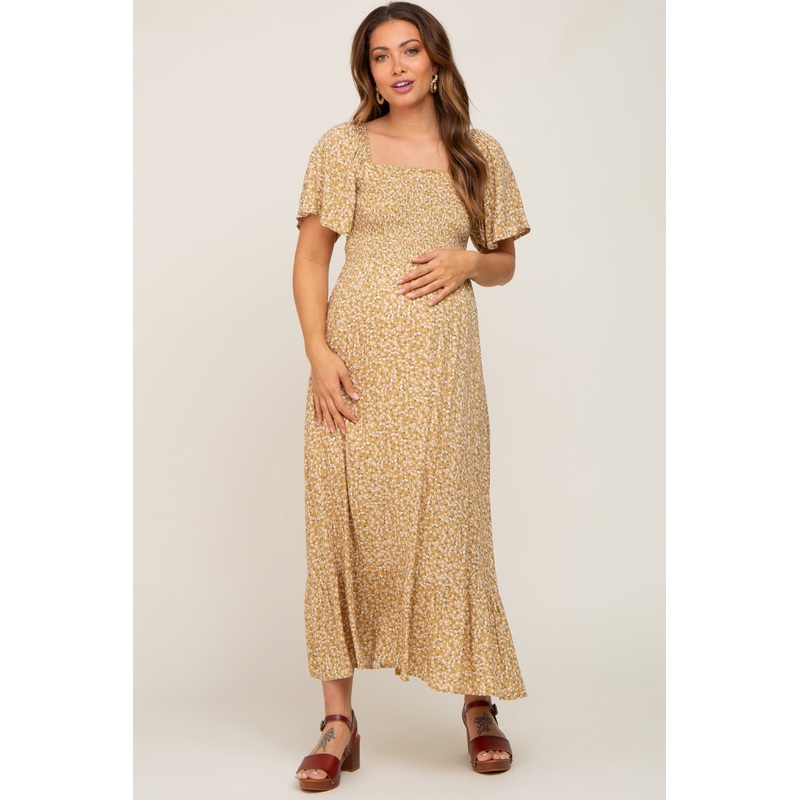 Yellow Floral Smocked Flounce Sleeve Maternity Maxi Dress