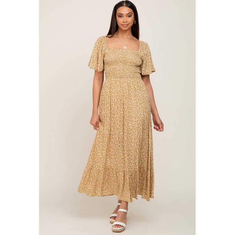 Yellow Floral Smocked Flounce Sleeve Maxi Dress
