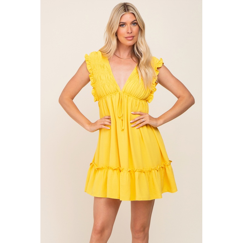 Yellow Smocked Ruffle Accent Dress