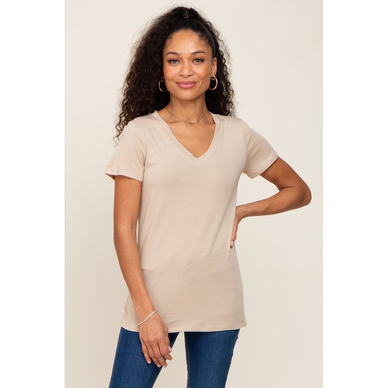 Beige Basic V-Neck Tee