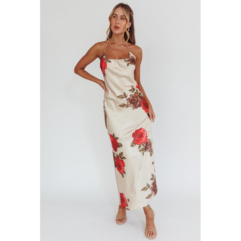 Beige Halterneck Floral Print Ruched Front Maxi Dress