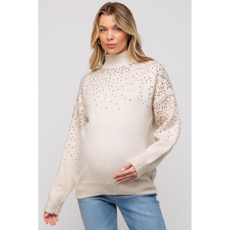 Beige Knit Sequin Mock Neck Maternity Sweater