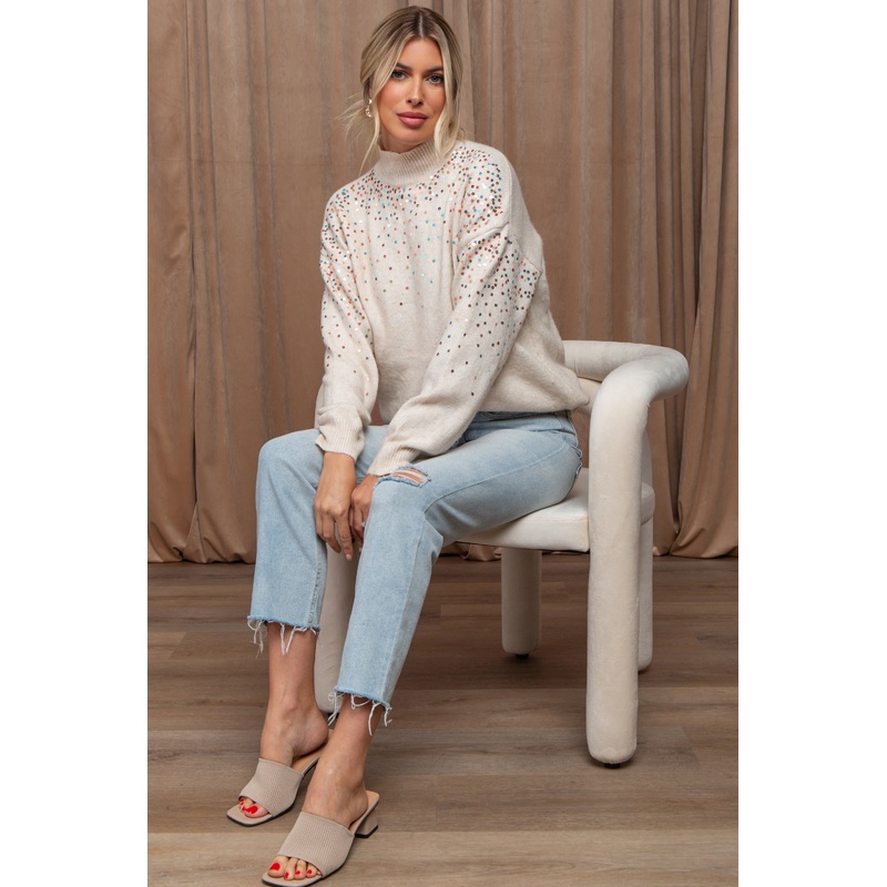Beige Knit Sequin Mock Neck Sweater