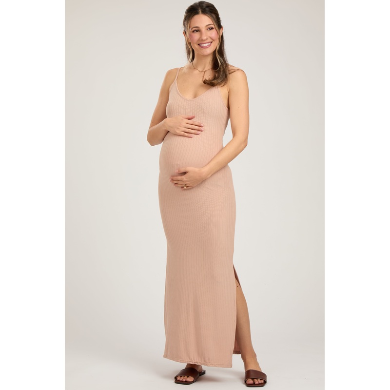 Beige Ribbed Side Slit Maternity Maxi Dress