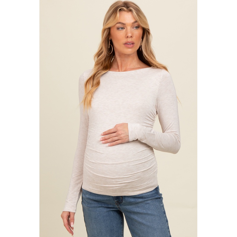 Beige Ruched Long Sleeve Maternity Top