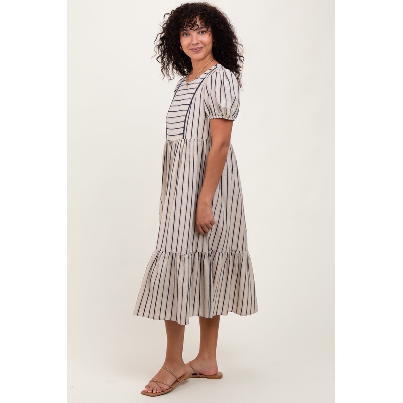 Beige Striped Short Sleeve Midi Dress