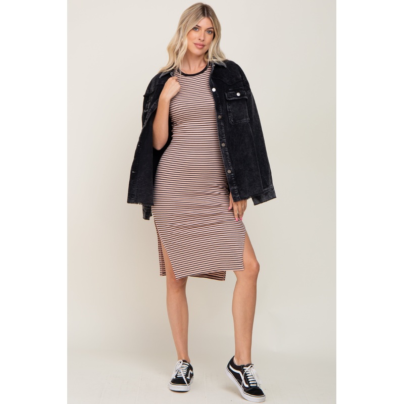 Beige Striped Side Slit Fitted Midi Dress