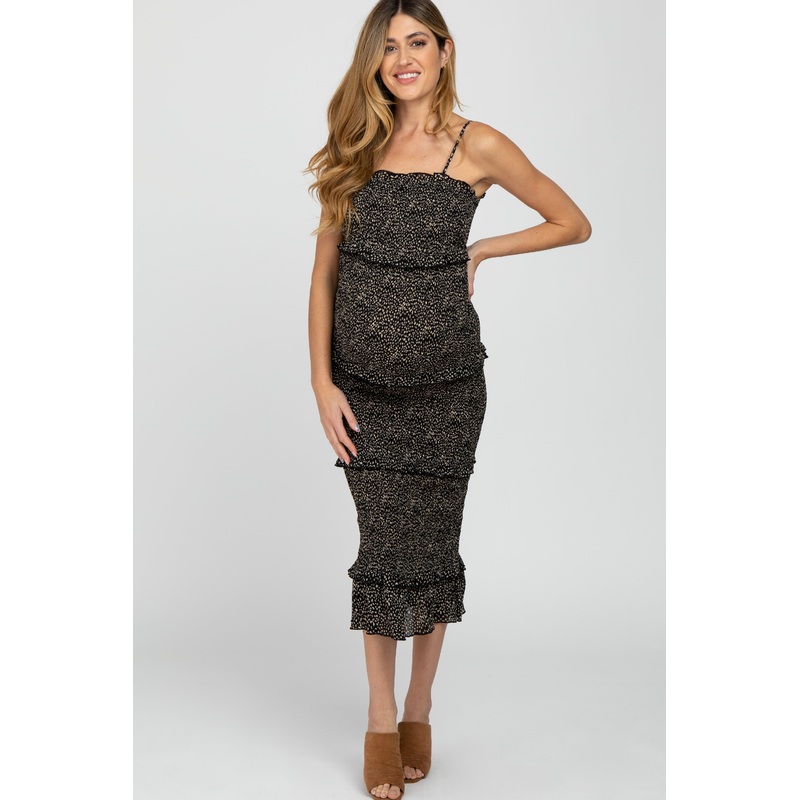 Black Animal Print Smocked Fitted Maternity Midi Dress