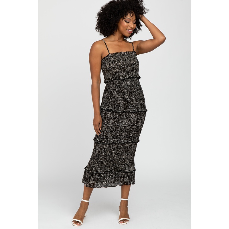Black Animal Print Smocked Fitted Midi Dress