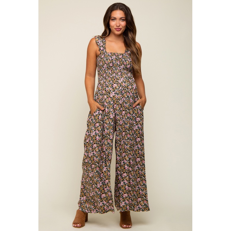 Black Sleeveless Floral Smocked Ruffle Maternity Jumpsuit