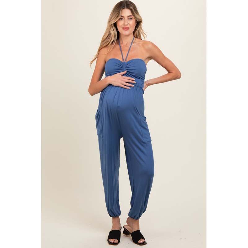Blue Halter Cinched Maternity Jumpsuit