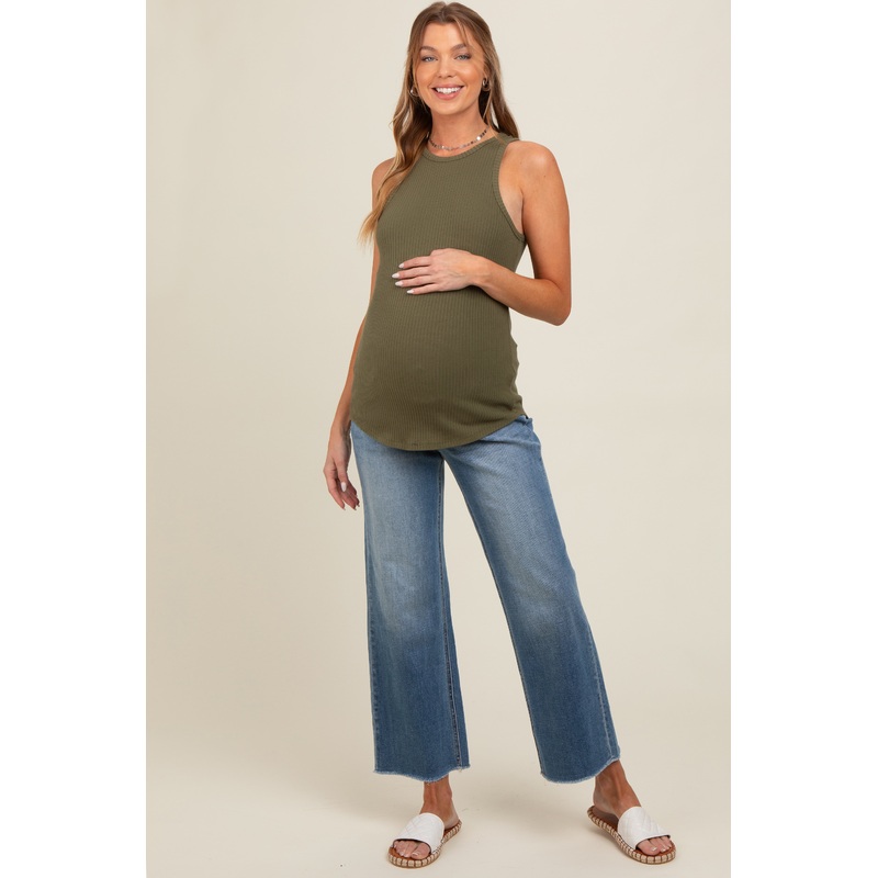 Blue Relaxed Fringe Hem Maternity Straight Leg Jeans