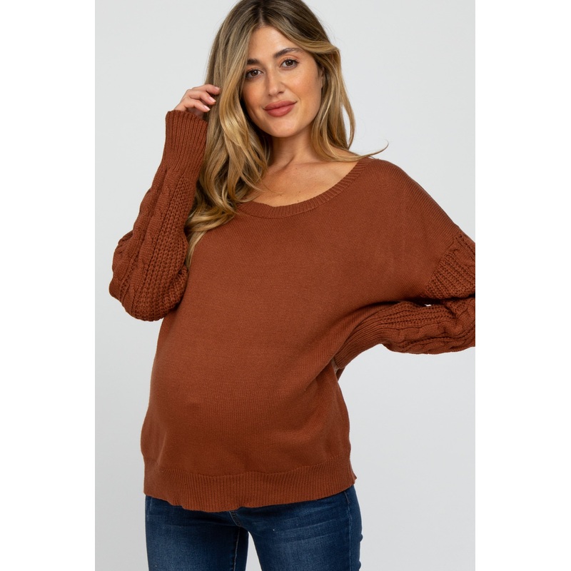 Camel Knit Braided Sleeve Maternity Sweater