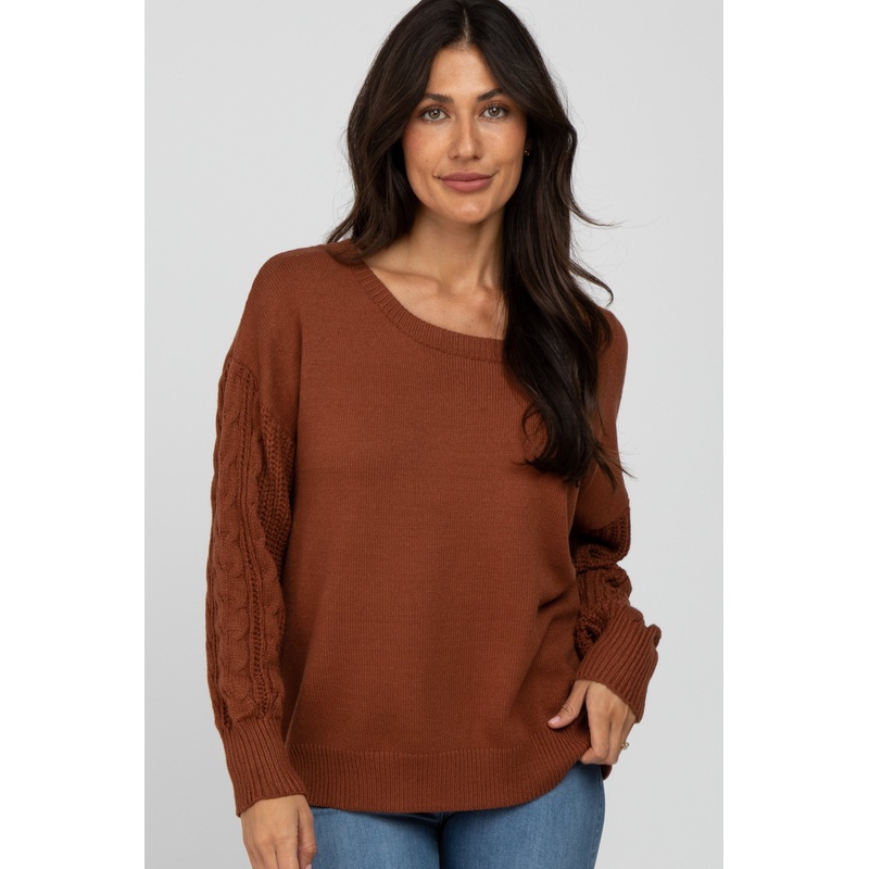 Camel Knit Braided Sleeve Sweater