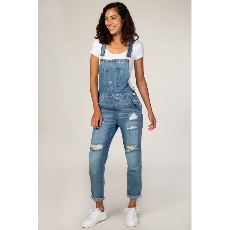 Medium Wash Distressed Denim Overalls