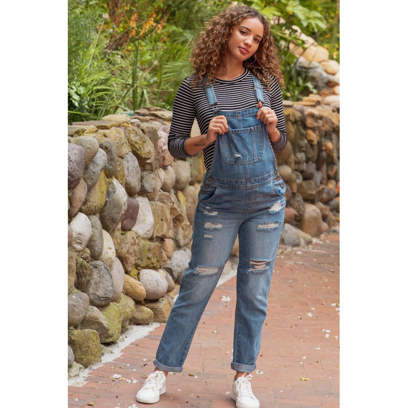 Medium Wash Distressed Maternity Denim Overalls