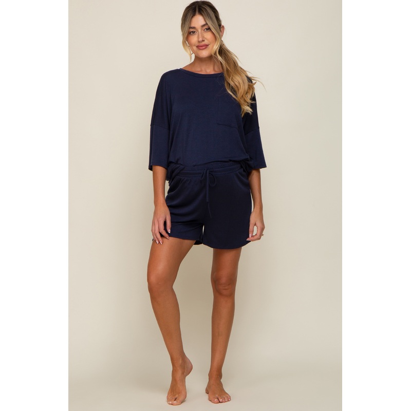 Navy Blue Pocket Front Short Sleeve Maternity Pajama Short Set