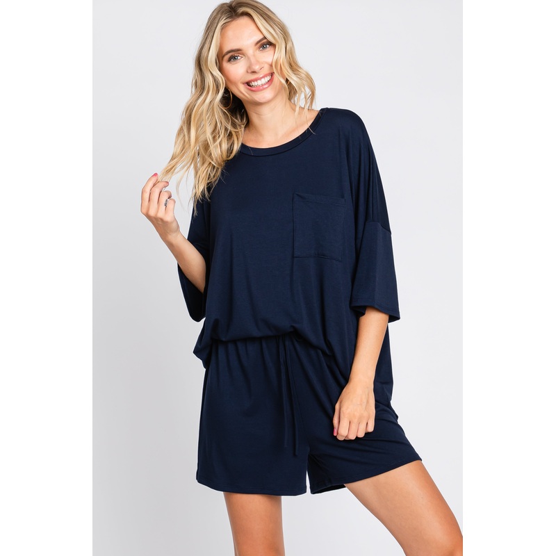 Navy Blue Pocket Front Short Sleeve Pajama Short Set