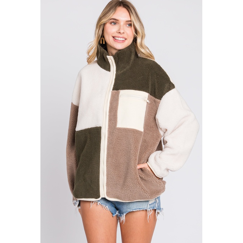 Olive Color Block Sherpa Contrast Pocket Jacket