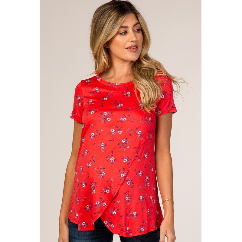 Red Floral Draped Maternity/Nursing Top
