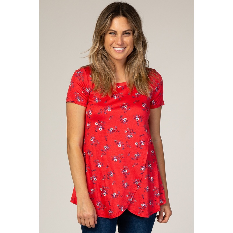 Red Floral Draped Nursing Top