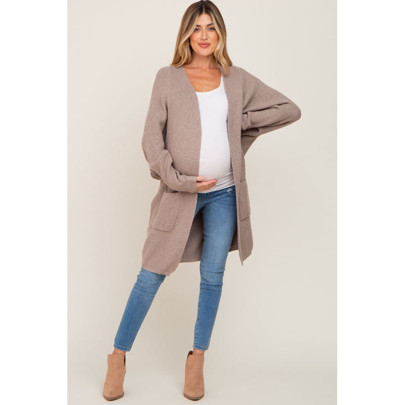 Taupe Pocketed Knit Maternity Cardigan