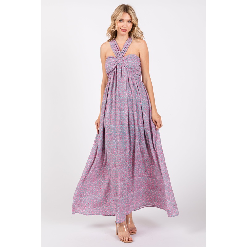 Teal Print Halter Maxi Dress