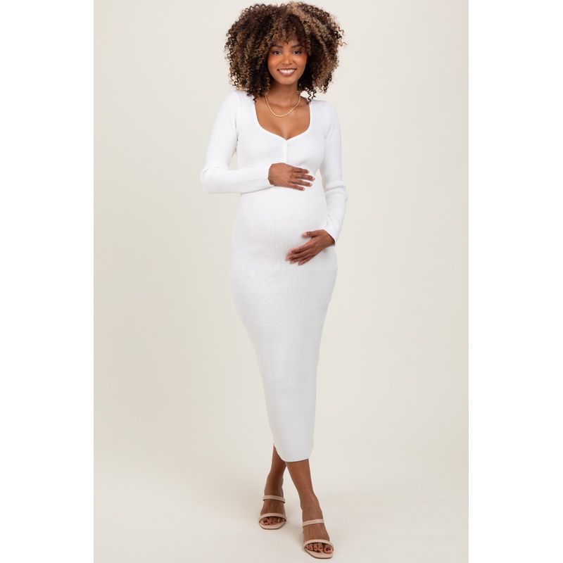 White Henley Ribbed Maternity Midi Sweater Dress