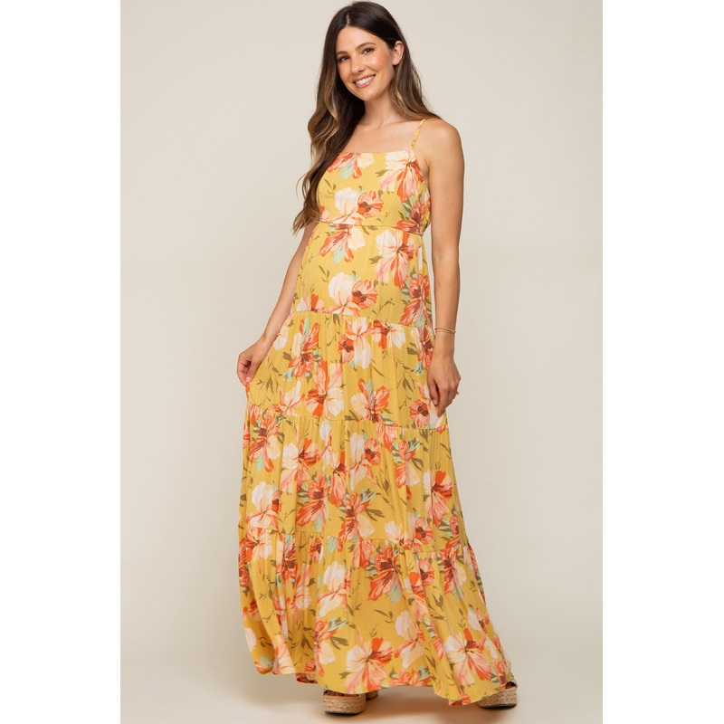 Yellow Floral Sleeveless Tiered Maternity Maxi Dress