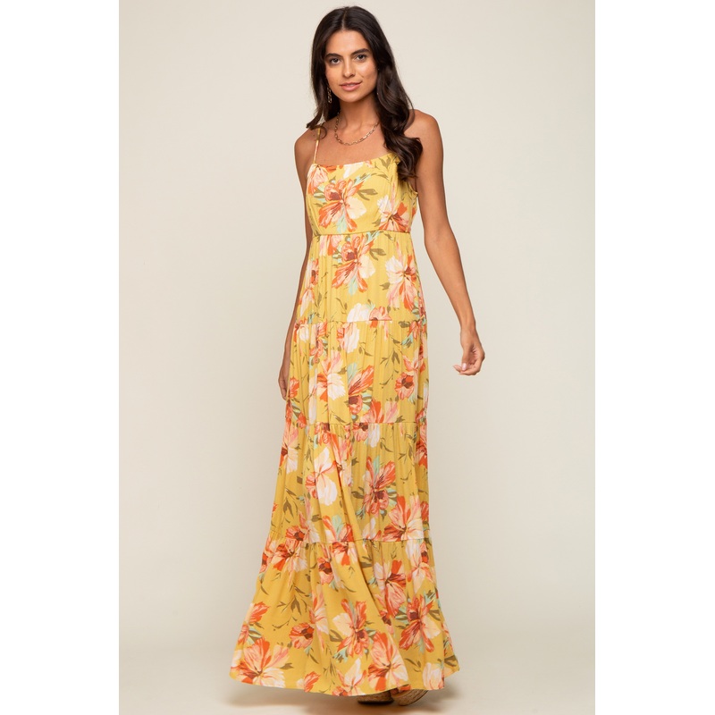 Yellow Floral Sleeveless Tiered Maxi Dress