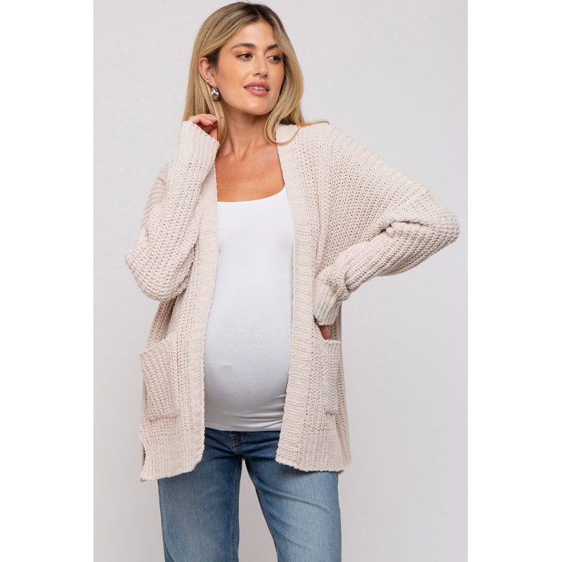 Beige Brushed Chenille Knit Maternity Cardigan