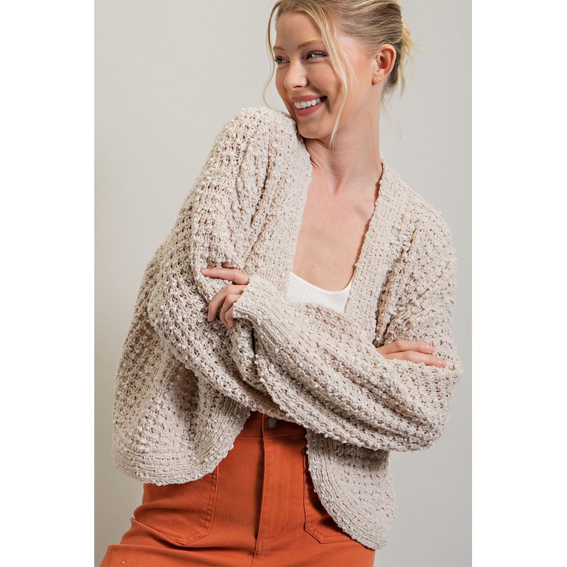 Beige Cropped Chunky Open Knit Cardigan