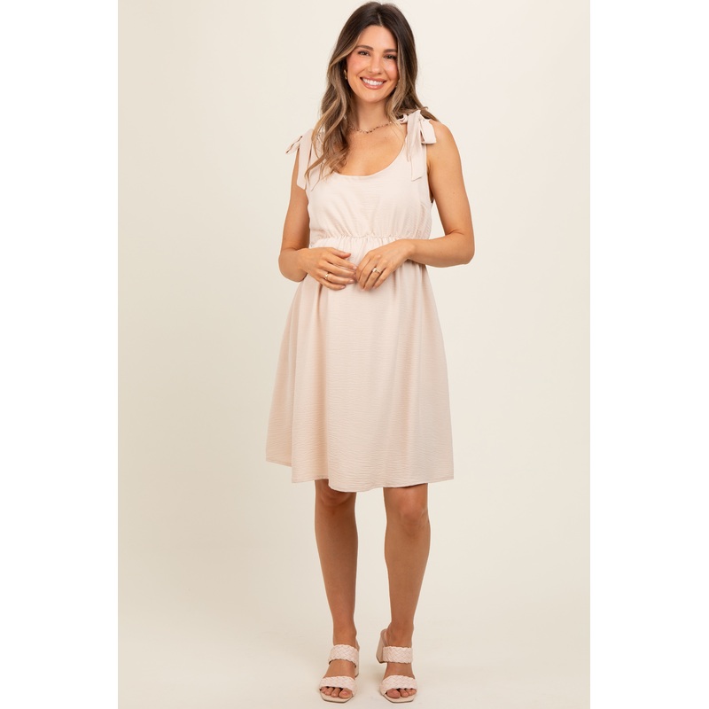 Beige Solid Tie-Shoulder Scoop Neck Maternity Dress