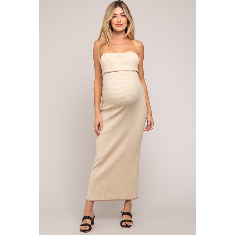 Beige Strapless Fold Over Lettuce Trim Maternity Maxi Dress
